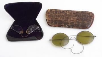 Deutsch Izidor Opticus (Optikus), Szabadka feliratú szemüvegtartóban antik orra csiptethető szemüveg + régi rugós szárú szemüveg kopott bőr tokban