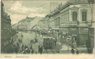 1906 Miskolc, Széchenyi utca, villamos, Rosenberg Gyula fiók üzlete, szőnyeg áruház (EK)