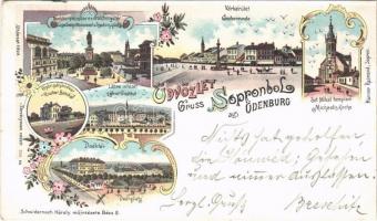 1898 (Vorläufer!) Sopron, Oedenburg; Várkörút, Mihály templom, Deák tér, Széchenyi szobor és tér, Soproni Győri (GySV) vasútállomás régi felvételi épülete a kibővítés előtti állapotában (Raaber Bahnhof). Kunstanstalt Karl Schwidernoch Art Nouveau, floral, litho (vágott / cut)