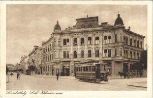 1926 Szombathely, Széll Kálmán utca, villamos, fodrász, Pauk Testvérek üzlete. Szilárd felvétele