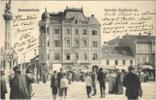 1906 Szombathely, Horváth Boldizsár tér, drogéria, piac, Rechnitzer Jakab üzlete, Szentháromság szobor