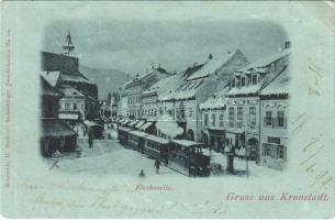 1899 (Vorläufer) Brassó, Kronstadt, Brasov; Flachszeile / Len sor télen, városi vasút, üzletek. Kiadja H. Zeidner / street view in winter, urban railway, shops (Rb)