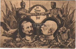 1914 In Treue fest / WWI German and Austro-Hungarian K.u.K. military, Viribus Unitis propaganda with Wilhelm II and Franz Joseph I of Austria, coat of arms (EK)