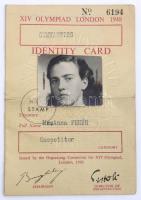1948 Fehér Anna (1921-1999) A londoni olimpián ezüstérmes tornász, edző fényképes olimpia igazolvány...