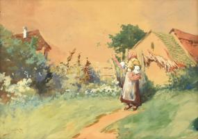 Neogrády Antal (1861-1942): Menyecske. Akvarell, papír, jelzett. Üvegezett, dekoratív fa keretben, 27×38 cm