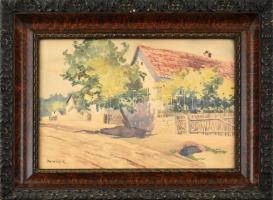 Bereczk K jelzéssel: Napfényes utca. Akvarell, papír. Üvegezett, dekoratív, sarkaiban kissé sérült fa keretben, 27×38 cm