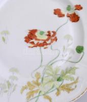Pipacs mintás szecessziós porcelán tányérok, 6 db lapos és 6 db mély, jelzett, kézzel festett, kopás...