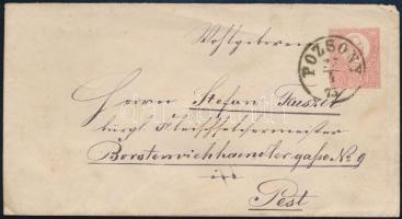 1873 5kr díjjegyes boríték "POZSONY" - "PEST", 1873 5kr PS-cover
