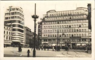 1932 Liberec, Reichenberg; Tuchplatz / square, street view, shops, tram