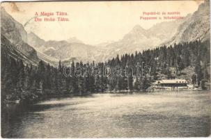 1912 Tátra, Vysoké Tatry; Poprádi tó és menház. Divald Károly 1445-1909. / Popradske pleso / lake and rest house