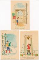 3 db RÉGI magyar üdvözlő motívum képeslap: karácsony és újév (H. Morvay Klári) / 3 pre-1945 Hungarian greeting art motive postcards: Christmas and New Year