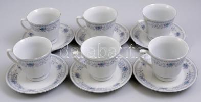 6 db kínai virágmintás porcelán csésze aljakkal, matricás, jelzett, hibátlan, m: 8,5 cm, d: 14,5 cm