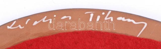 Ovális fali tükör, festett kerámia kerettel, hátulján felirattal, Tihany jelzéssel, h: 28 cm