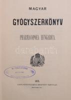 Magyar Gyógyszerkönyv. Pharmacopoea Hungarica. Első kiadás. Bp., 1871. Pesti Könyvnyomda, 2+XXXXVII+581 p. Átkötött modern egészvászon-kötés, igényesen pótolt lapokkal (az első 16 lap, 98-111 oldal, és 178-191 oldalak között), egy lap kétszer lett bekötve (az egyik pótolt lap), két helyen felcserélt lapokkal (XXXI/XXXII., XXXIX/XXXX.), számos restaurált lappal, foltos lapokkal, de hiánytalan állapotban.