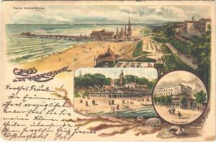 1902 Heringsdorf, Strand Casino, Hotel, Kaiser Wilhelm Brücke / beach, bathers, hotel, casino. Art Nouveau, litho s: Spindler (EB)