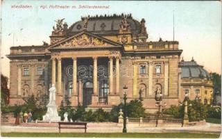 1913 Wiesbaden, Kgl. Hoftheater m. Schillderdenkmal / theatre, monument, statue (fl)