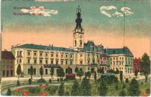 1916 Warszawa, Varsovie, Warschau, Warsaw; Rathaus / Ratusz / town hall + K.u.k. Feldbahnkompagnie Nr. 5/1. (EK)