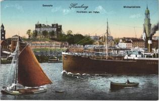 Hamburg, Seewarte, Hochbahn am Hafen, Michaeliskirche / elevated railway, port, steamship, church