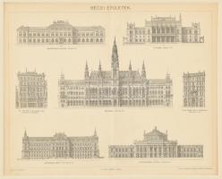 cca 1896 Bécsi épületek, Pallas Nagy Lexikona, Bp., Pallas-ny., paszpartuban, 22,5x27 cm
