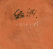 Festett, mázas, zöld kerámia palacktartó, alján jelzéssel, kis kopásokkal, m: 20 cm, d: 12,5 cm