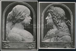 cca 1938 Mátyás király és Beatrix királynő a Magyar Filmiroda fényképein, 2 db vintage fotó, az egyik feliratozva, a másik jelzett (a képmező jobb alsó sarkában), 16x12,5 cm