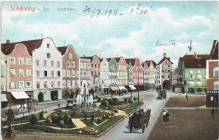 1911 Schärding a. Inn, Stadtplatz, Hotel Altmann, Eisenhandlung Franz Pinter, Baumgartner Wein Kaffeehaus / square, shops, hotel, wine hall and cafe, automobile