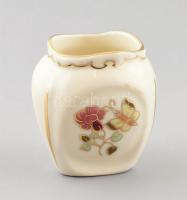 Zsolnay háromoldalú, pillangómintás porcelán mini váza, kézzel festett, jelzett, hibátlan, m: 5 cm
