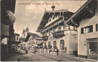 1916 St. Johann in Tirol, Garten Hotel zur Post, Gasthof, Filiale von / hotel, shop, street + K.u.k. NOT-RESERVE-SPITAL KITZB. Filiale in St. Johann (EK)