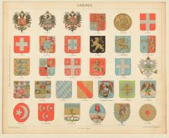 cca 1896 Címerek, litográfia, Pallas Nagy Lexikona, Bp., Posner-ny., paszpartuban, javított, 22,5x28 cm