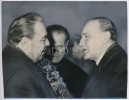 cca 1972 Kádár János (1912-1989) és Brezsnyev (1906-1982) találkozója, a vintage fotón a háttér, a gallér, a virágcsokor retusálva, 13x16,8 cm