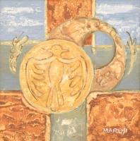 Marosi Ilona (1941-): Rakamazi madárszimbólum, 2002. Olaj, vászon, jelzett, fa keretben, 20×20 cm