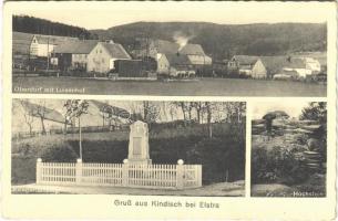 1936 Kindisch bei Elstra, Oberdorf mit Luisenhof, Hochstein, Kriegerdenkmal / village, German military heroes monument