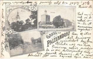 1898 Palterndorf (Palterndorf-Dobermannsdorf); Kirche, Alte Burg, Paltendorf / church, old castle, street view. Art Nouveau, floral (EK)