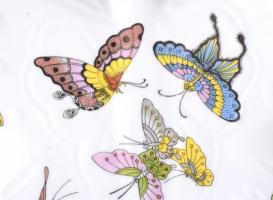 Pillangó alakú és mintájú kínai porcelán tál, matricás, jelzéssel, kopásnyomokkal, 32x23 cm