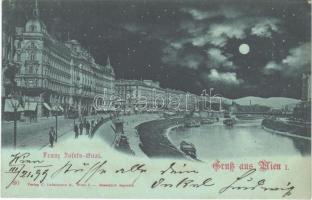 1899 Wien, Vienna, Bécs; Franz Josefs-Quai / quay at night, tram