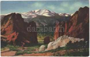 Pikes Peak, Colorado, elev. 14,109 ft. and gateway of the garden of the garden of the gods