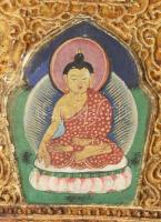 Buddhista miniatűr aranyozott dombornyomott keretben, kopásokkal, 17x11 cm