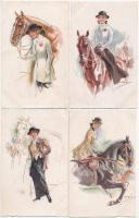 4 db RÉGI olasz művész motívum képeslap, hölgy és ló (Usabal, Erkal) / 4 pre-1945 Italian art motive postcards, lady and horse, Usabal