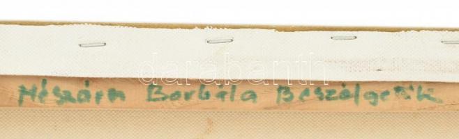 Mészáros Borbála (1981-): Beszélgetők. Olaj, vászon, jelzett a hátoldalán, 60x80 cm