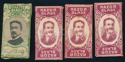4 db régi gillette penge (3 db razor blade, King C. Gillette gillette blade), papírtokokban, 4x2 cm