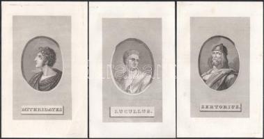 Ókor nagyjai, 6 db metszet: Mithridates, Lucullus, Sertorius, Seleukos, Philopoemen, Gelon, 19x12 cm