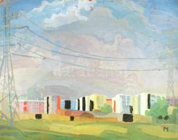 TM festmény: Lakóteleli látkép. Olaj, farost. 79×99 cm.