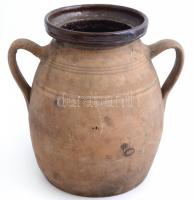 XIX. sz. Gömöri fazék két füllel, mázas cserép, kézzel festett, kopott, lepattanásokkal, m: 26,5 cm, d: 15,5 cm