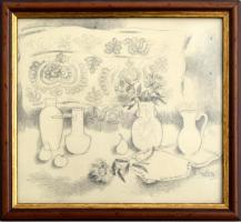 B. Séday Mária (1925-2009): Csendélet virágokkal. Ceruza, papír, jelzett. Üvegezett fa keretben. 15,5×17 cm