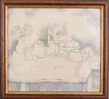 B. Séday Mária (1925-2009): Csendélet tükörrel. Ceruza, papír, jelzett. Üvegezett fa keretben. 15,5×17 cm