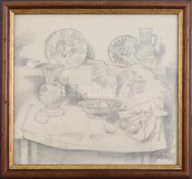 B. Séday Mária (1925-2009): Csendélet gyümölcsökkel és virágokkal. Ceruza, papír, jelzett. Üvegezett fa keretben. 15,5×17 cm