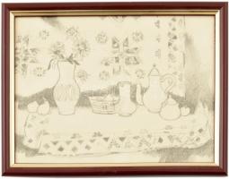 B. Séday Mária (1925-2009): Csendélet gyümölcsökkel és kannával. Ceruza, papír, jelzett. Üvegezett fa keretben. 15,5×17 cm