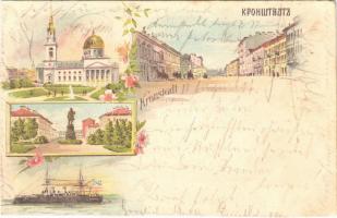 1897 (Vorläufer!) Kronstadt, cathedral, Peter the Great monument, main street, Imperial Russian Navy battleship. Art Nouveau, floral, litho (cut)