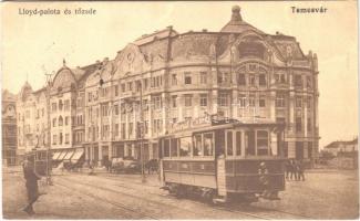 1915 Temesvár, Timisoara; Lloyd palota és tőzsde, villamos Turul Cipő reklámmal. Moravetz Testvérek kiadása / palace, stock exchange, tram with advertisement (EK)