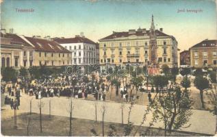 1912 Temesvár, Timisoara; Jenő herceg tér, zenekar, Turul cipőgyár részvénytársaság főraktára, üzletek / square, music band, shoe warehouse, shops (EB)